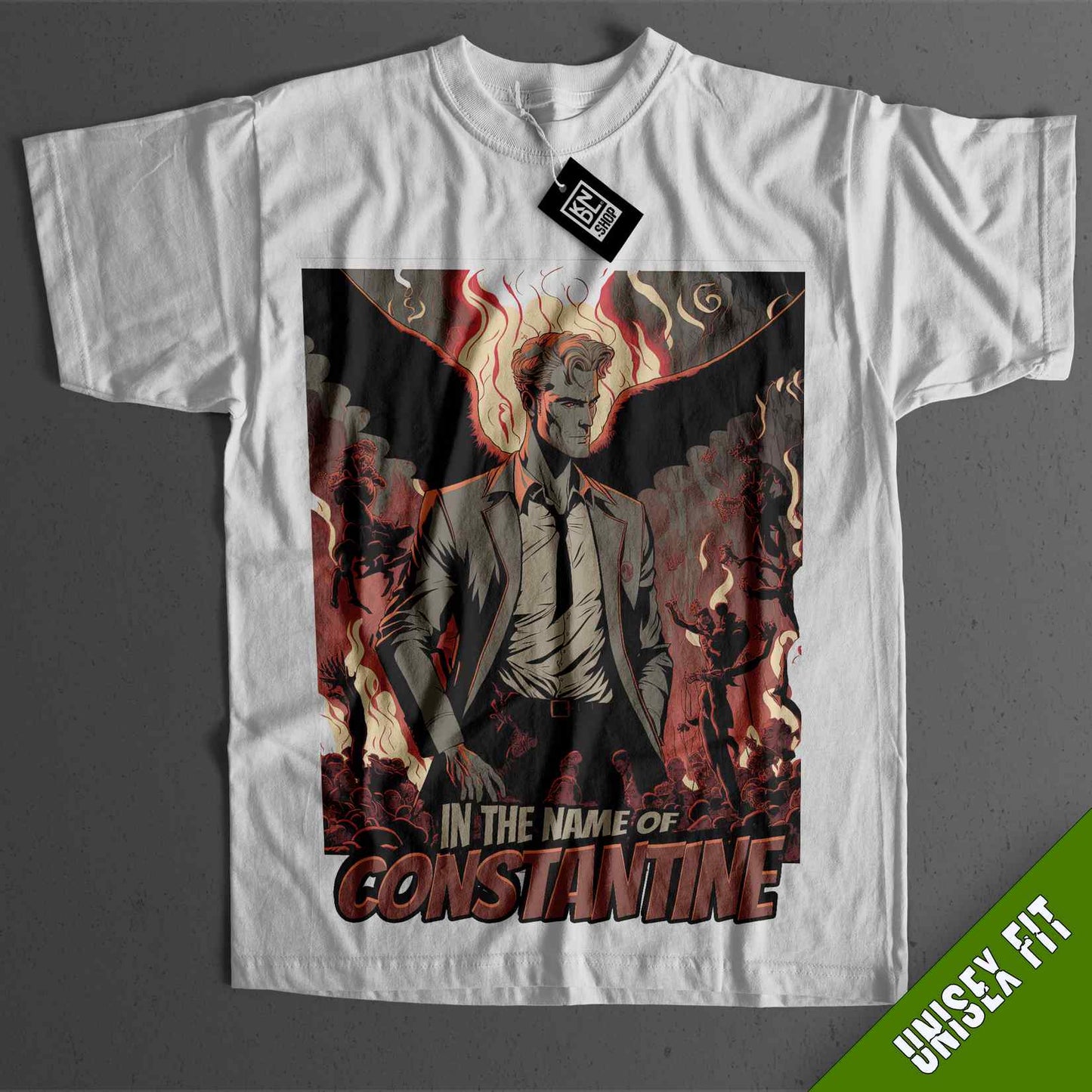 a white t - shirt with a picture of a man in a suit and tie