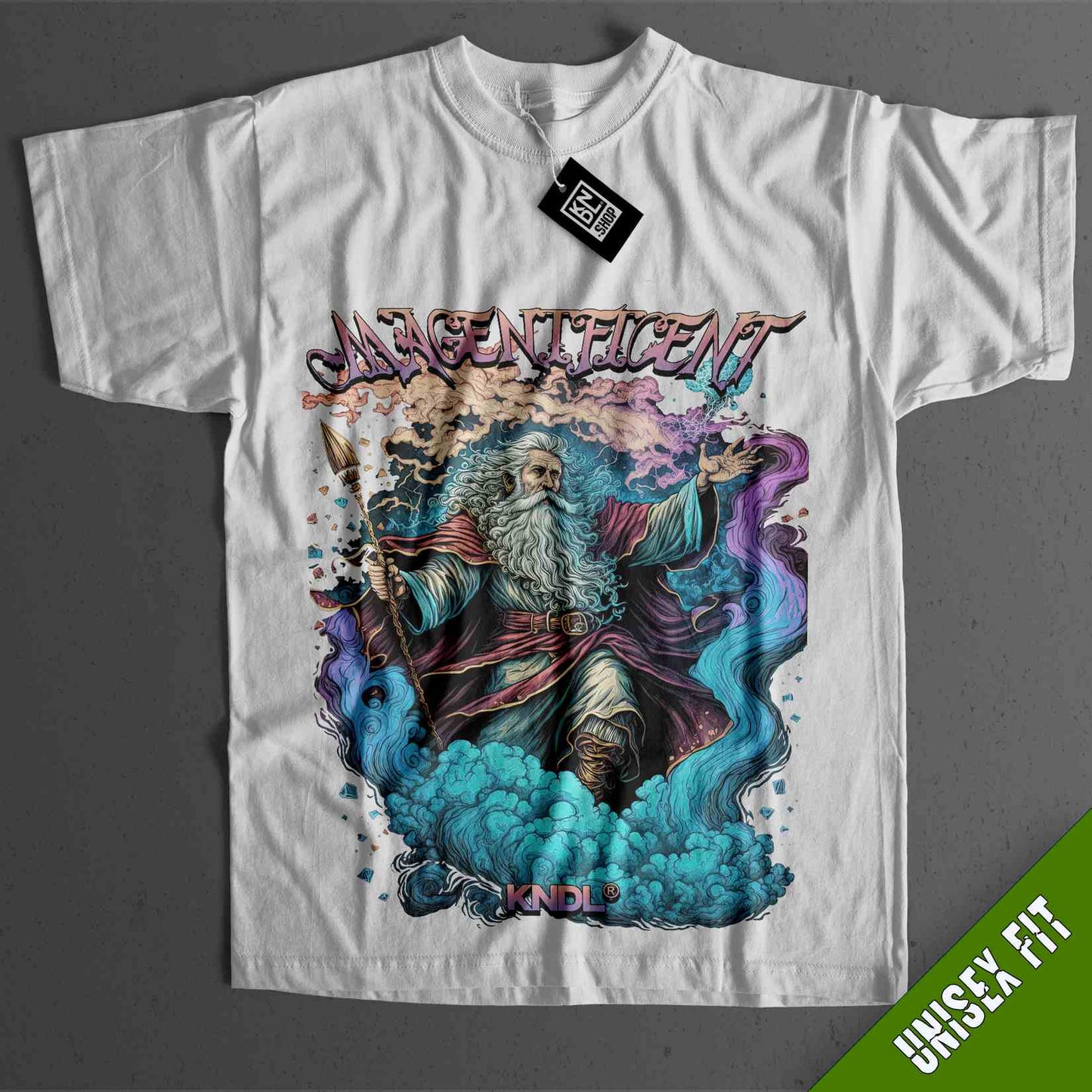 a white t - shirt with an image of a wizard on it