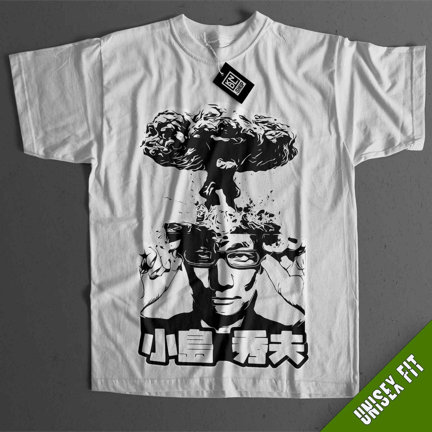 a white t - shirt with a picture of a man wearing glasses