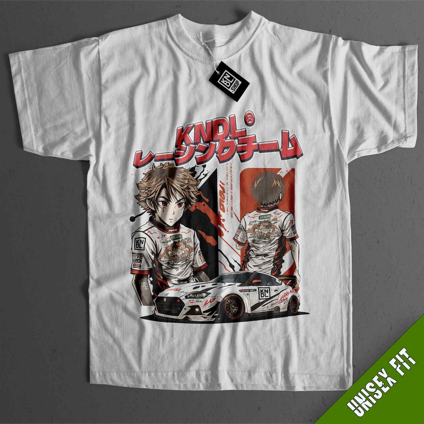 a white t - shirt with a picture of two people on it