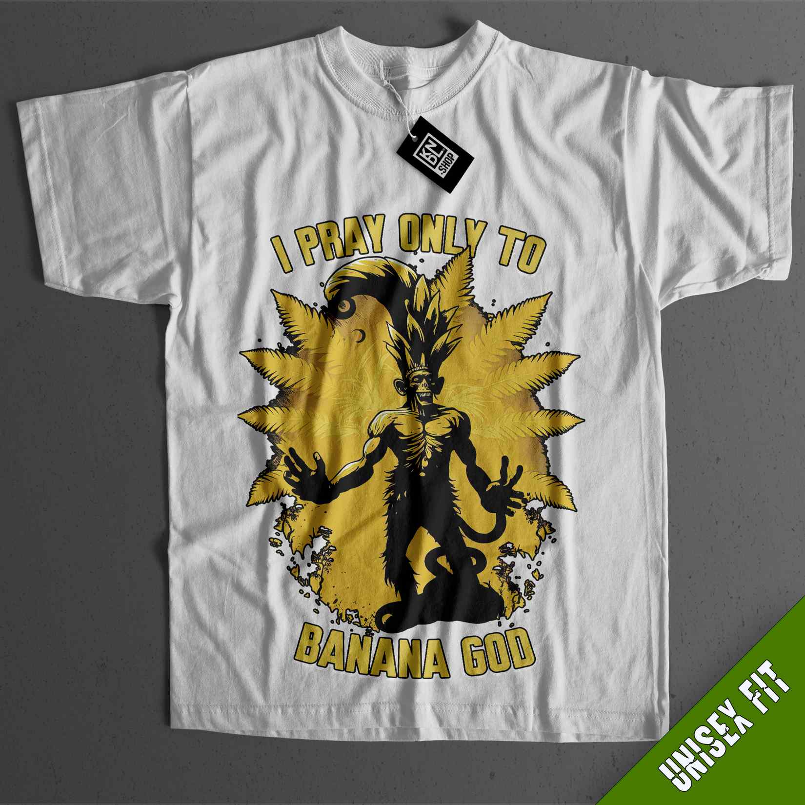 a white t - shirt with the words i pray only to banana go on it