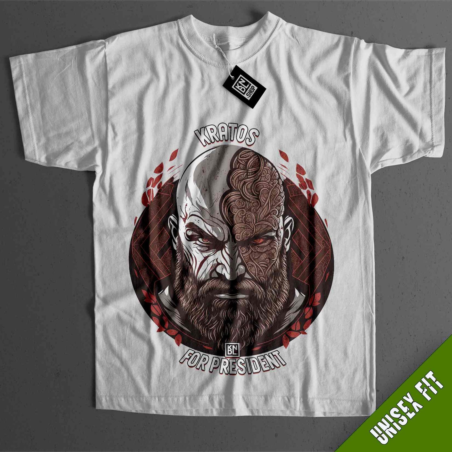 a white t - shirt with an image of a bearded man