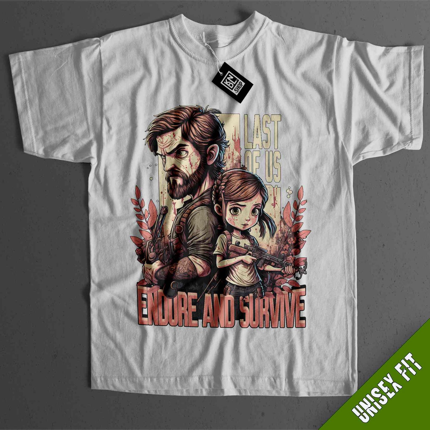 a white t - shirt with a picture of two people holding guns
