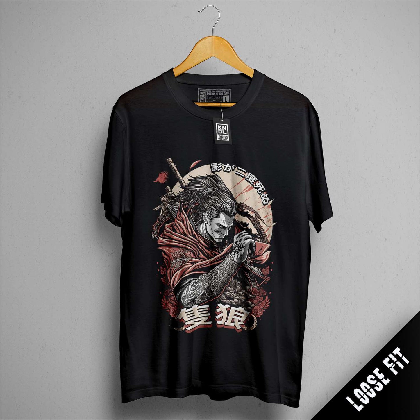 a black shirt with a picture of a man holding a sword