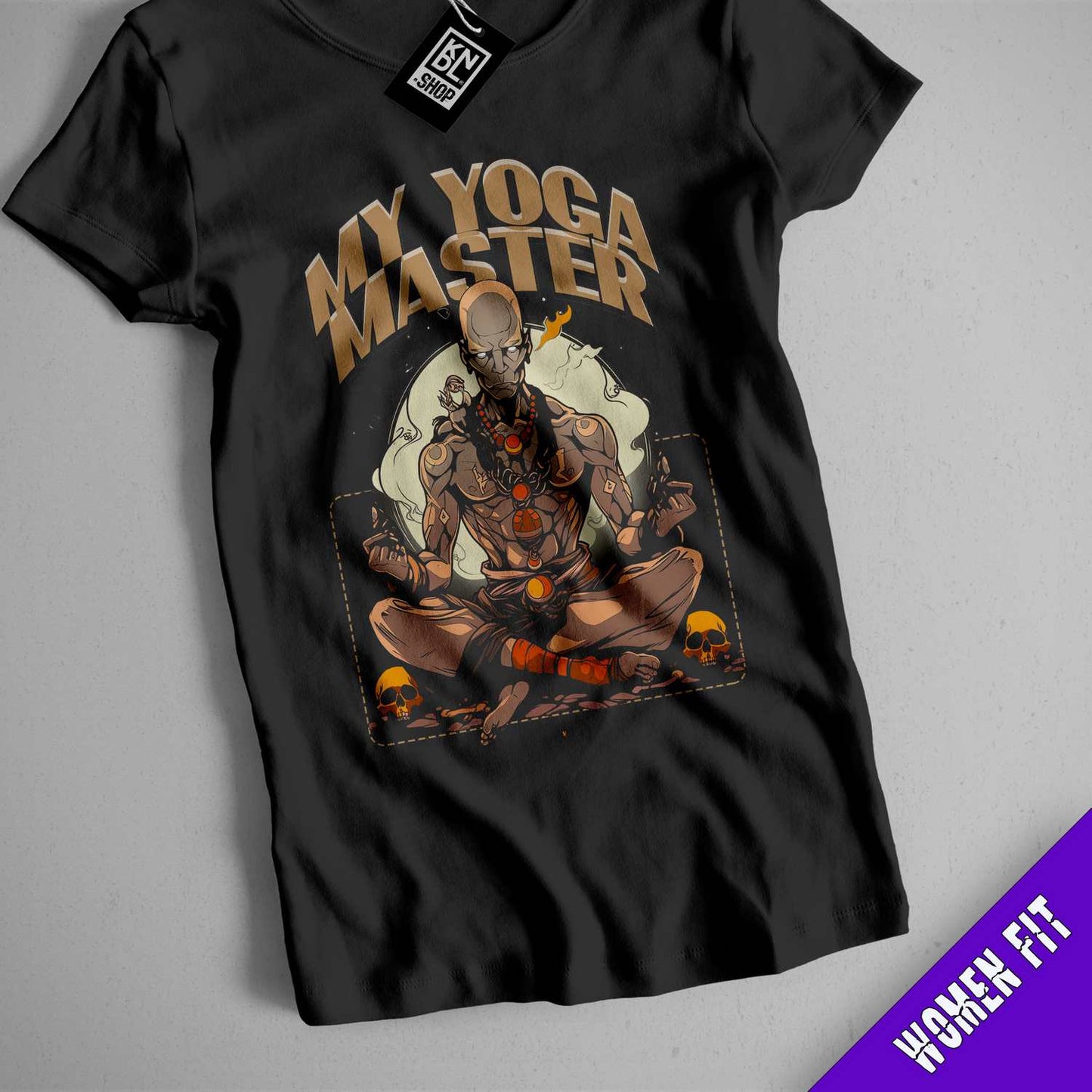 a black t - shirt with a picture of a man doing yoga