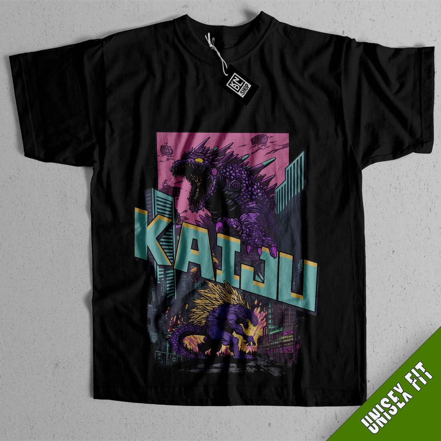 a black t - shirt with a godzilla on it