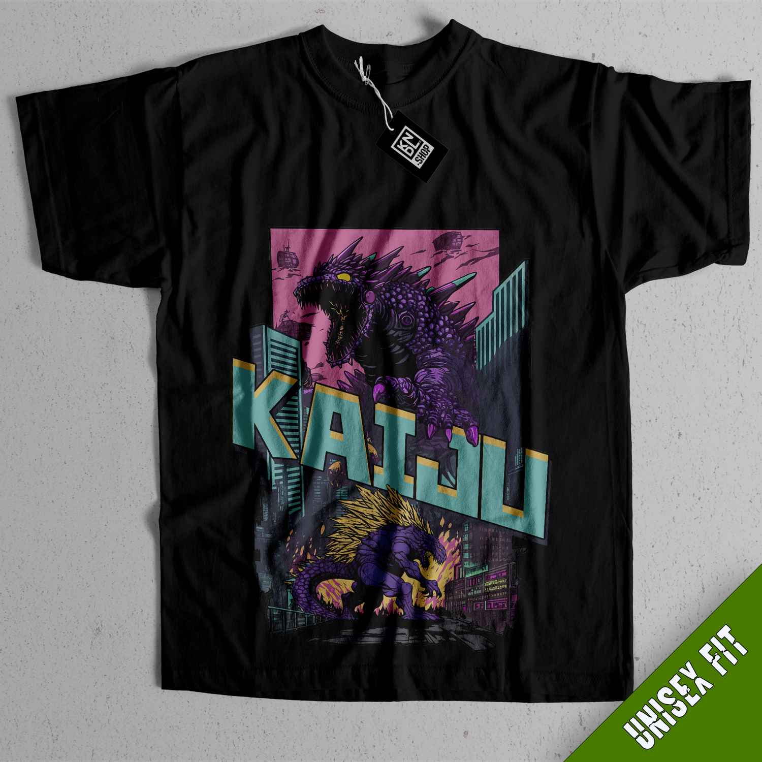 a black t - shirt with a godzilla on it