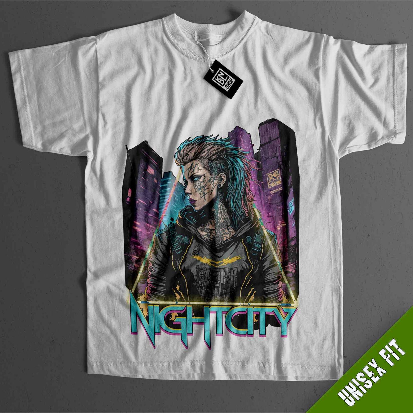 a white t - shirt with an image of a woman with blue hair