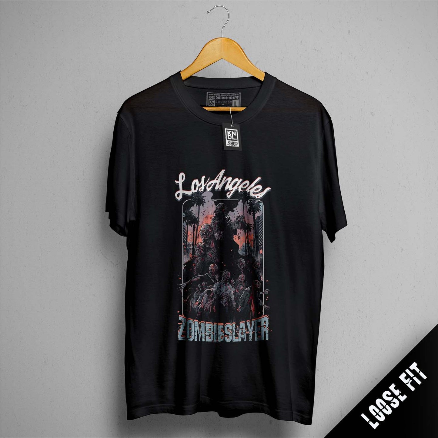 a black t - shirt with a picture of two people on it