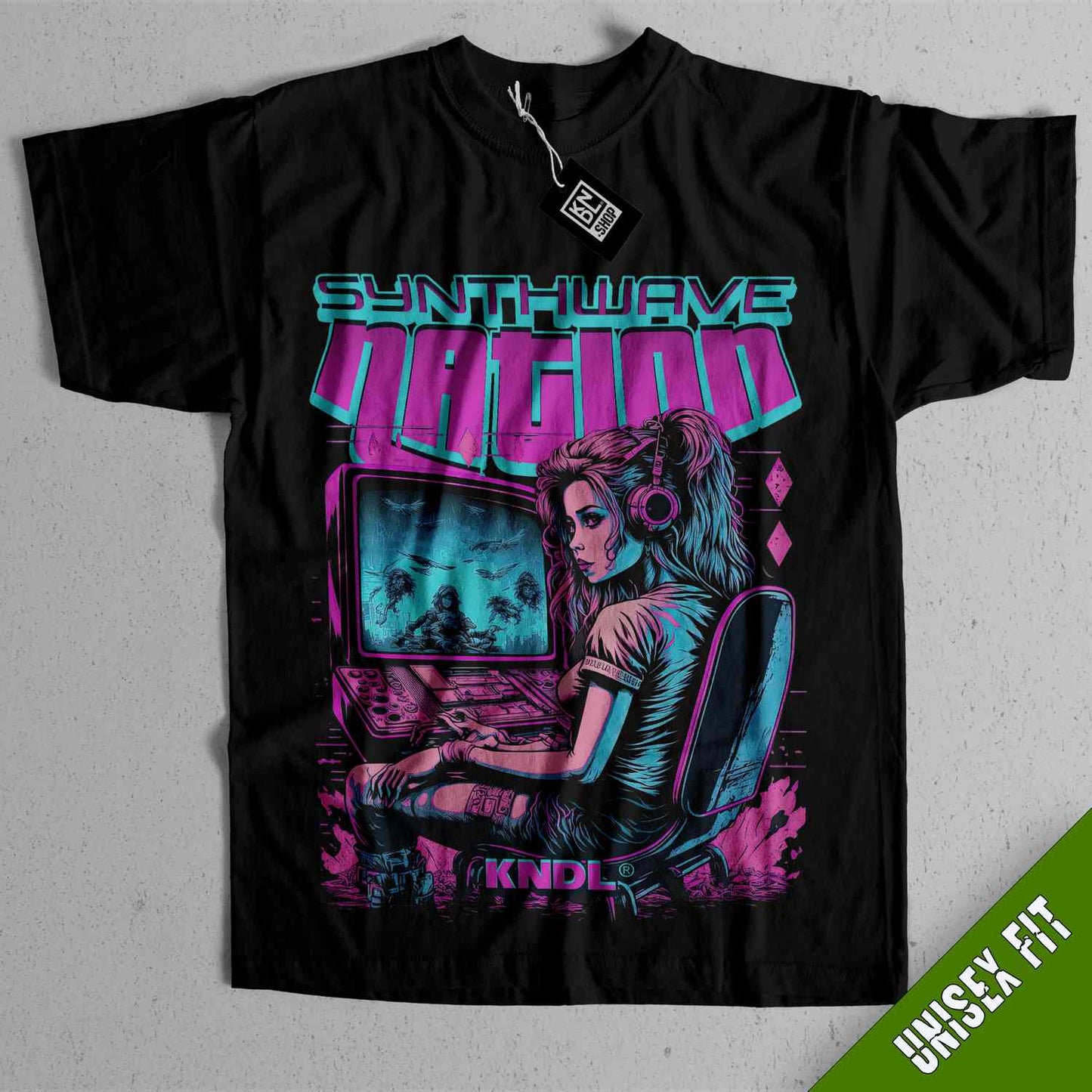 a black t - shirt with a picture of a woman on a computer