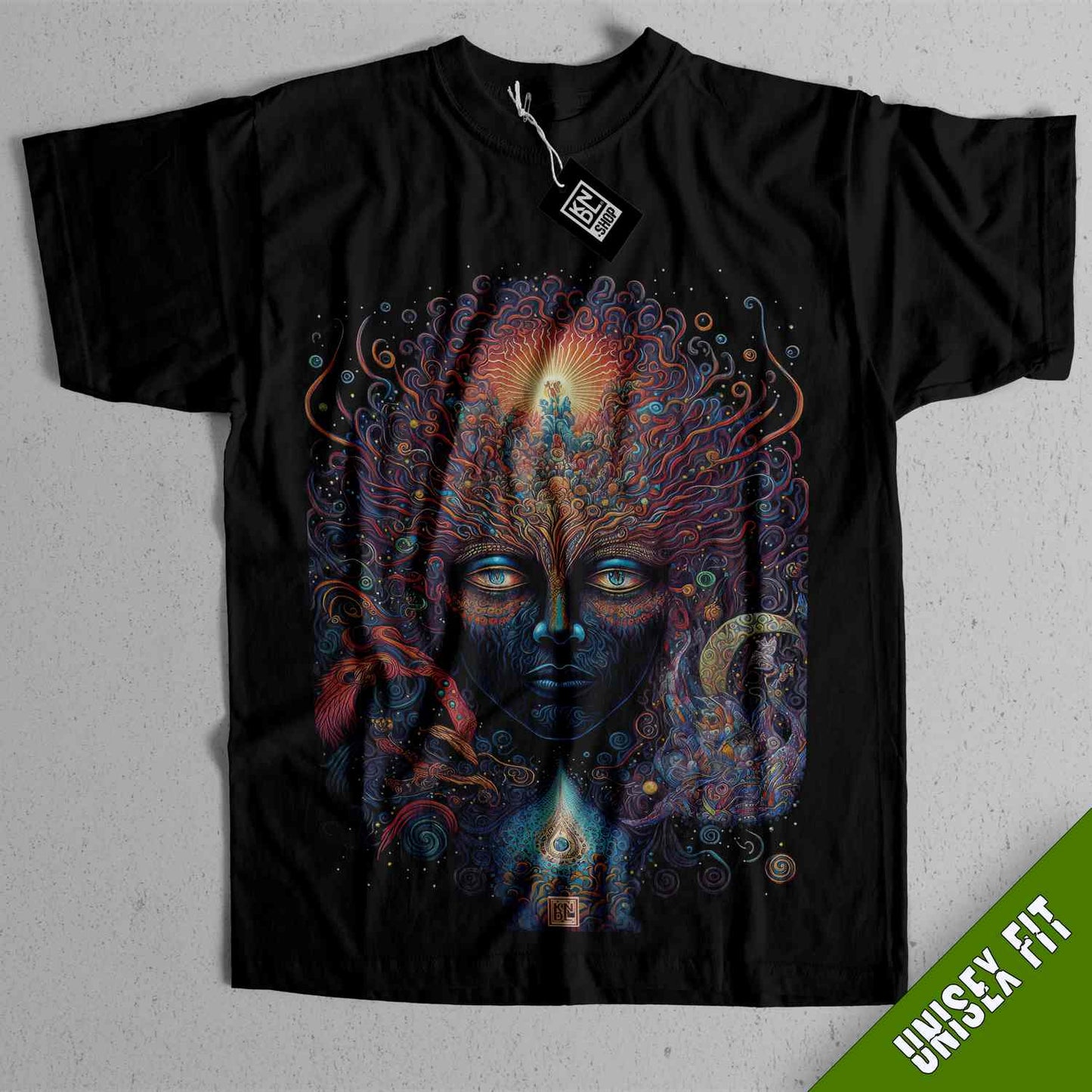 a black t - shirt with an image of a woman's face