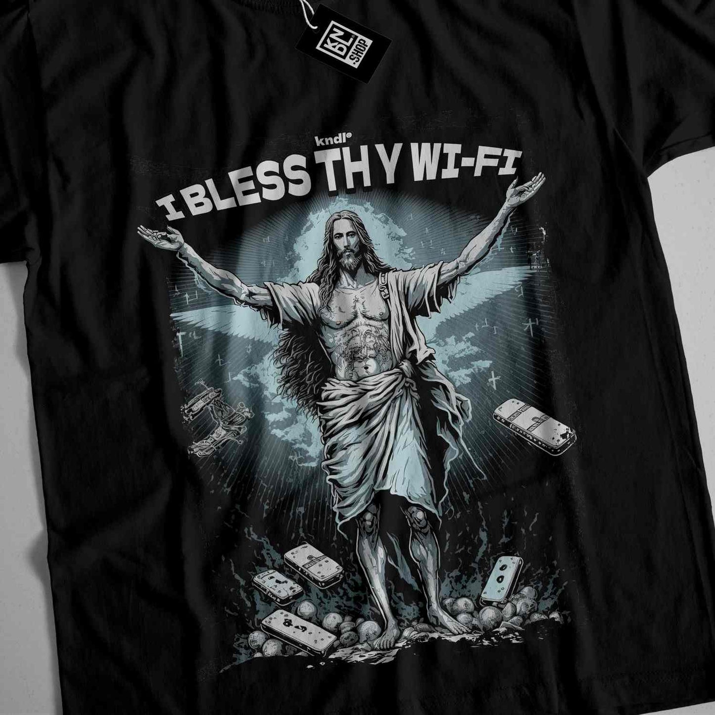 a black t - shirt with a picture of jesus on it