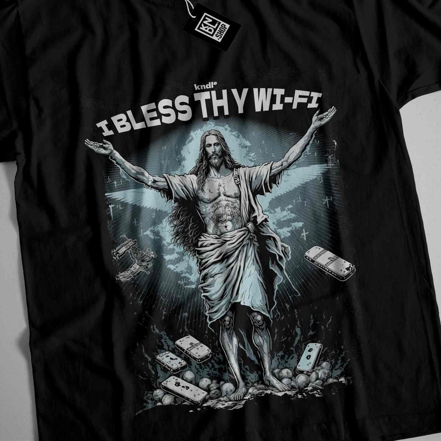 a black t - shirt with a picture of jesus on it