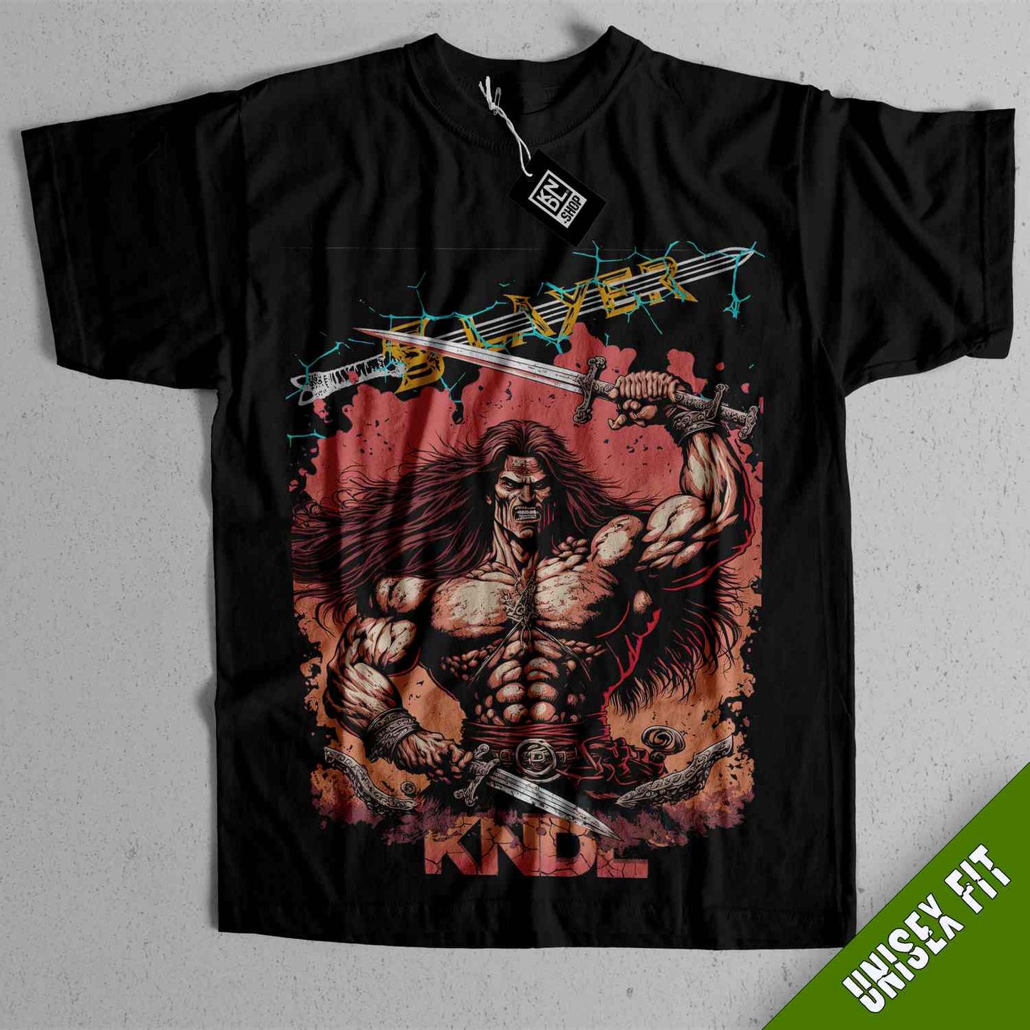 a black shirt with a picture of a man holding a sword