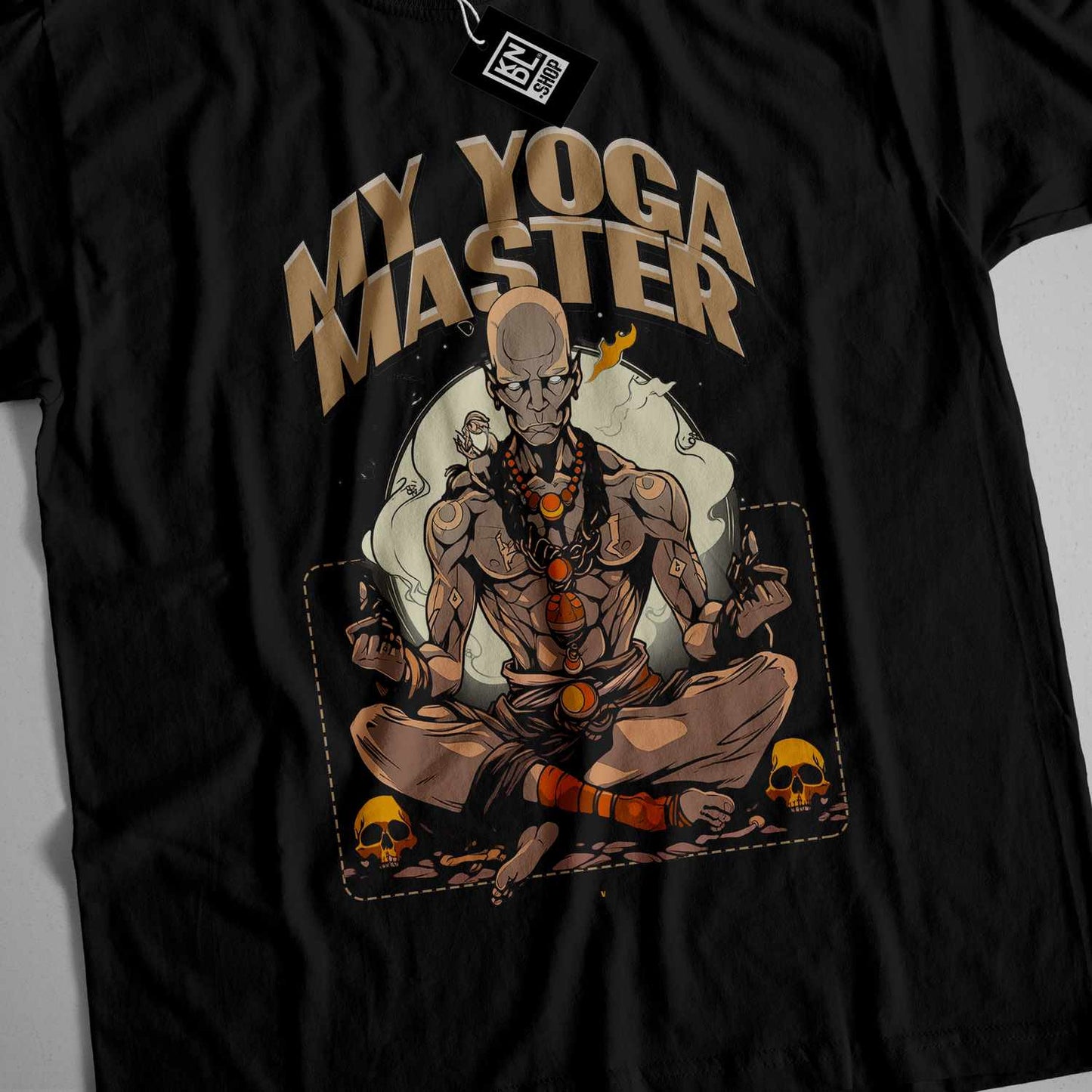 a black t - shirt with a picture of a man doing yoga