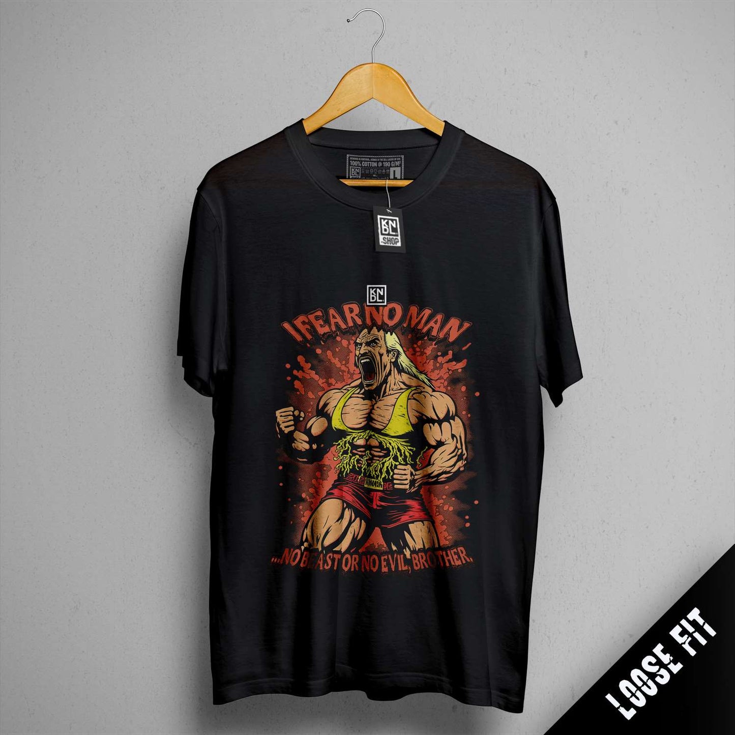 a black shirt with a picture of a wrestler on it