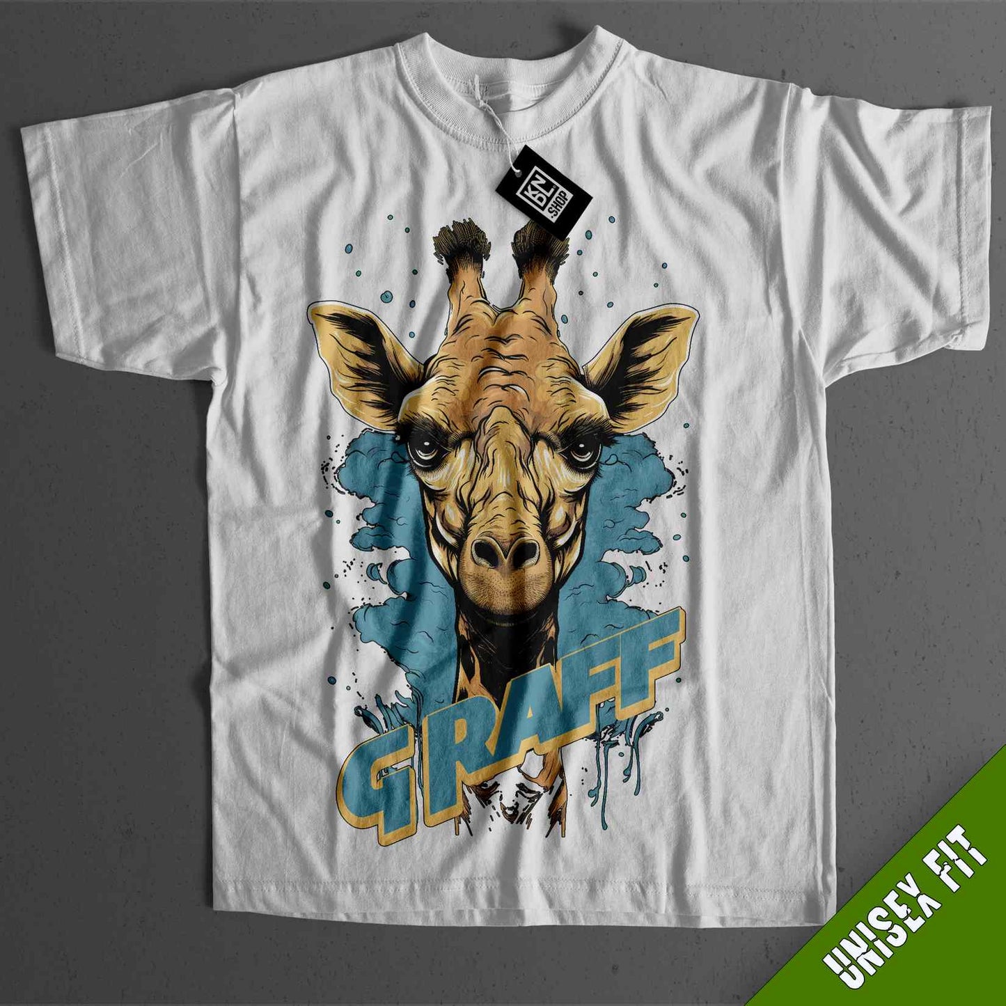 a white shirt with a giraffe on it