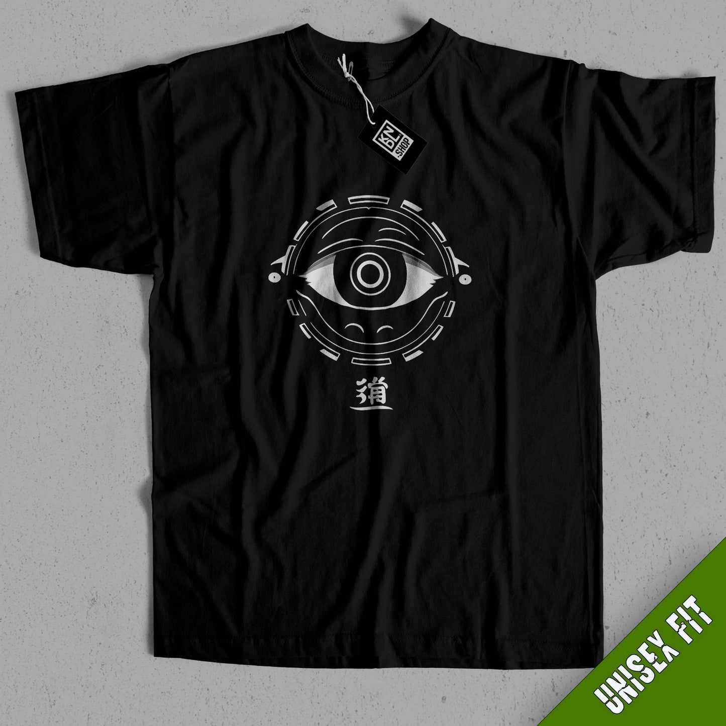 a black t - shirt with an eye on it