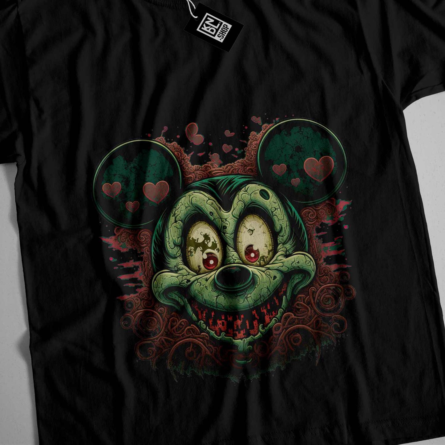 a black t - shirt with a picture of a creepy mouse