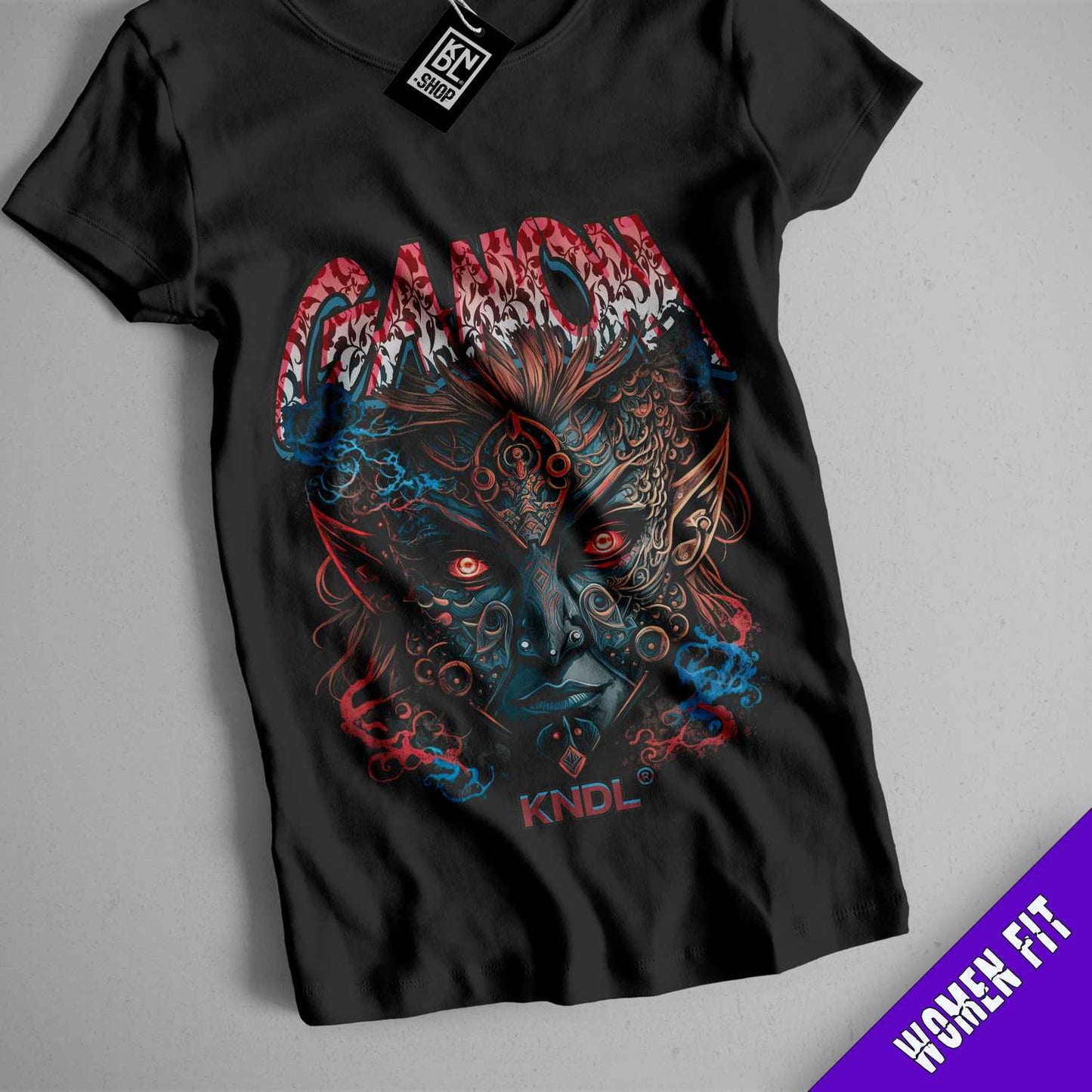a black t - shirt with a picture of a woman's face