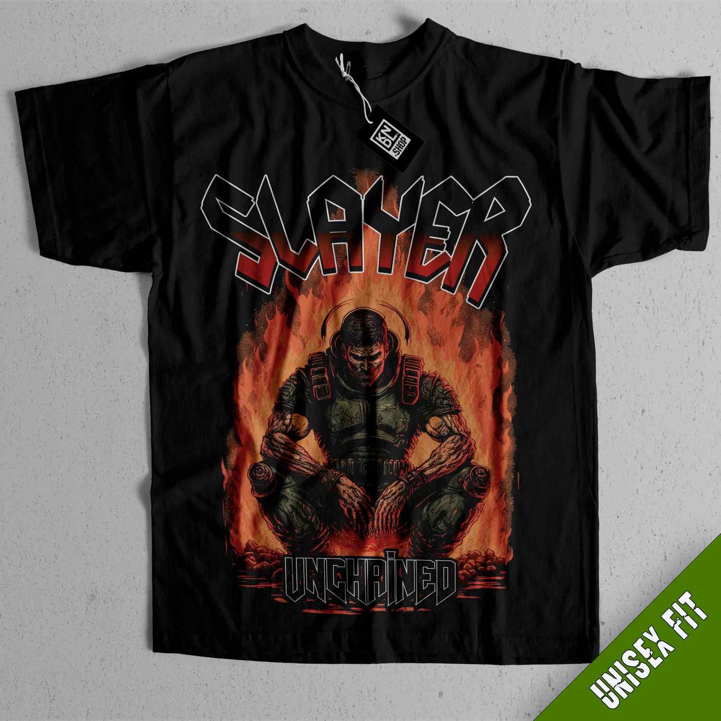 a black shirt with a picture of a man on fire