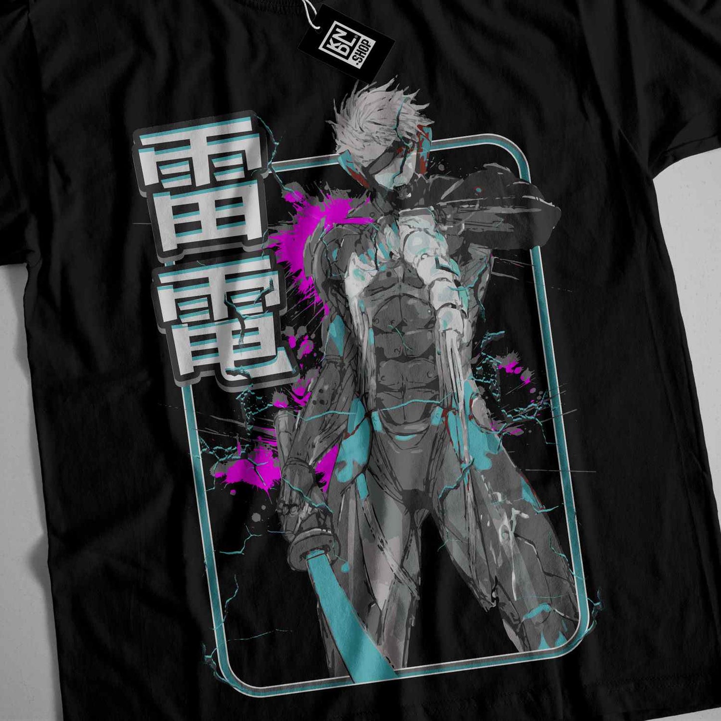 a black t - shirt with a picture of a man holding a gun