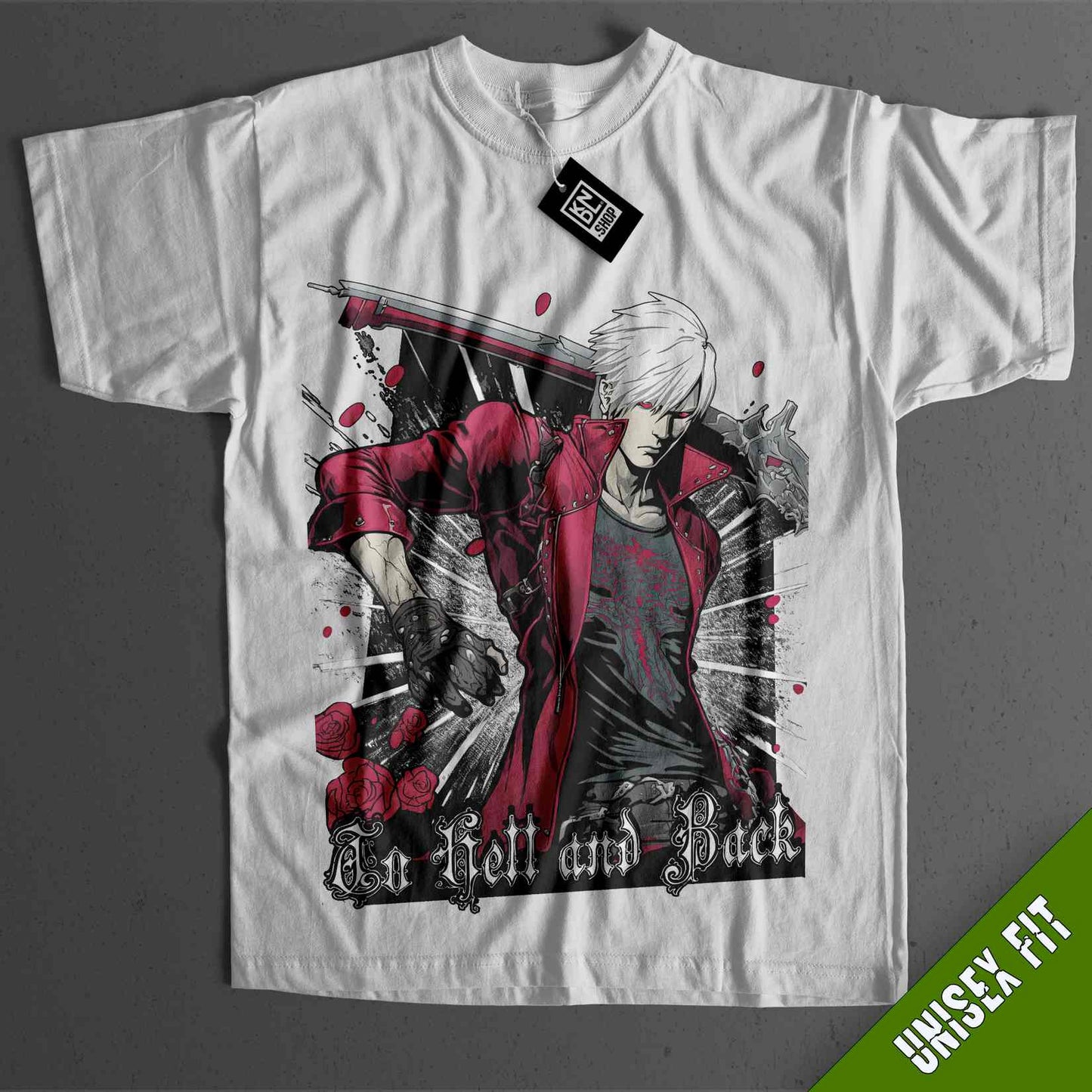 a white t - shirt with a picture of a male character on it