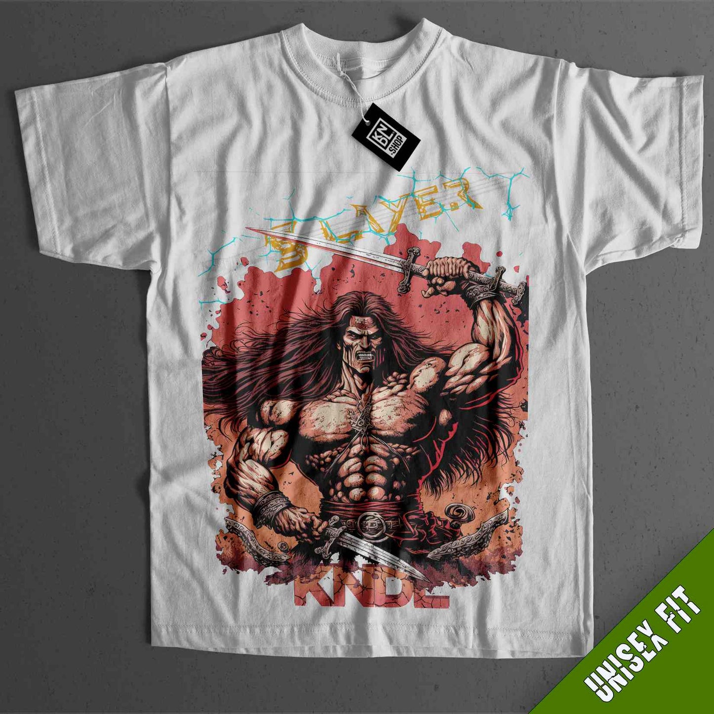 a white shirt with a picture of a man holding a sword