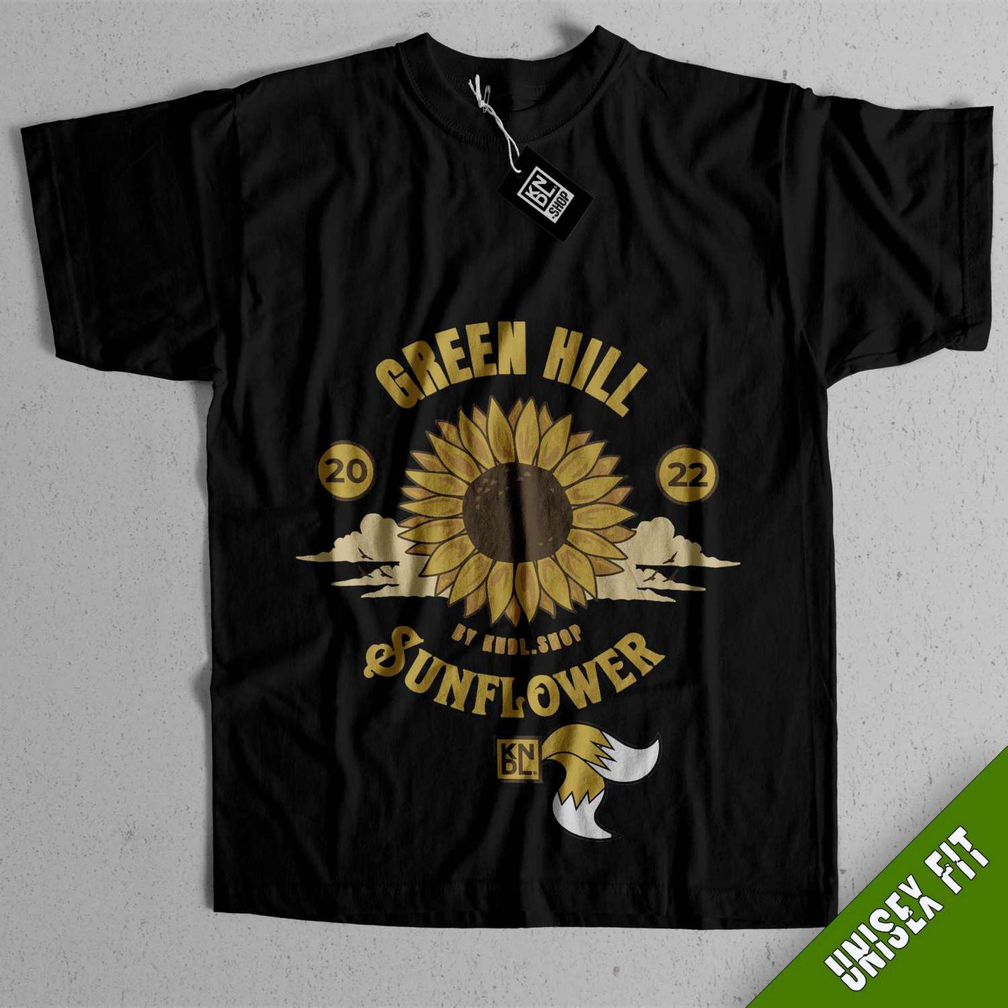 a black t - shirt with a sunflower on it