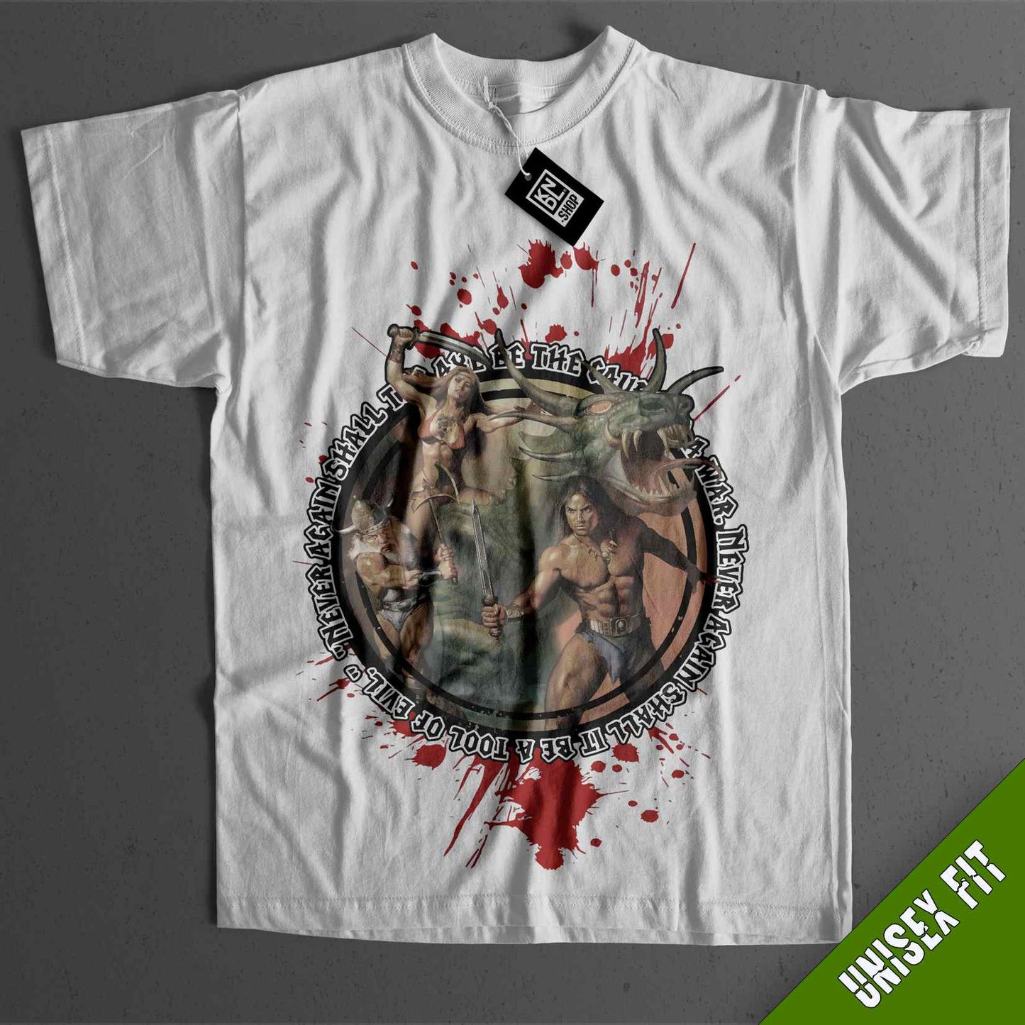 a white t - shirt with a picture of a man and a woman on it