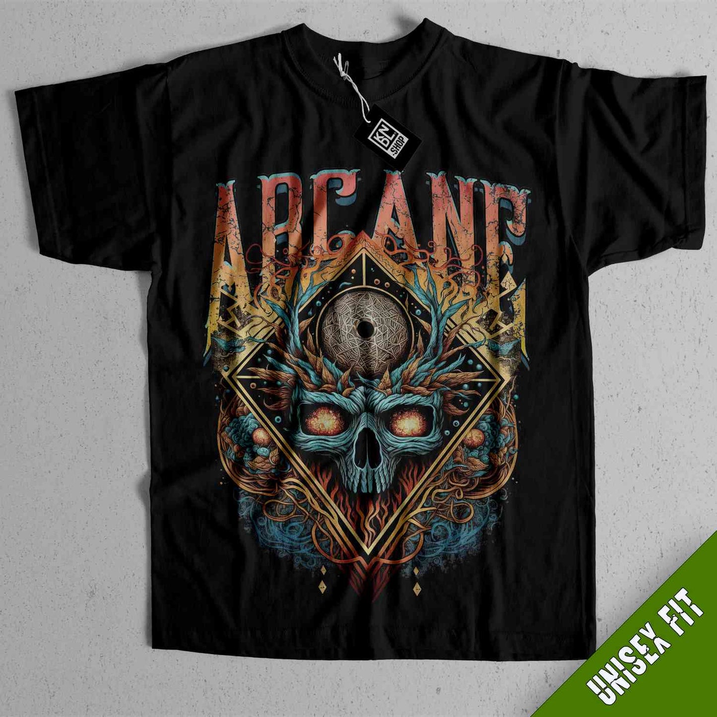 a black t - shirt with an image of a skull on it