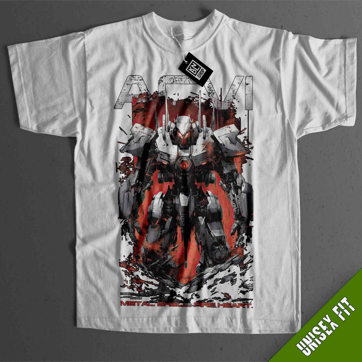 a white t - shirt with a picture of a robot on it