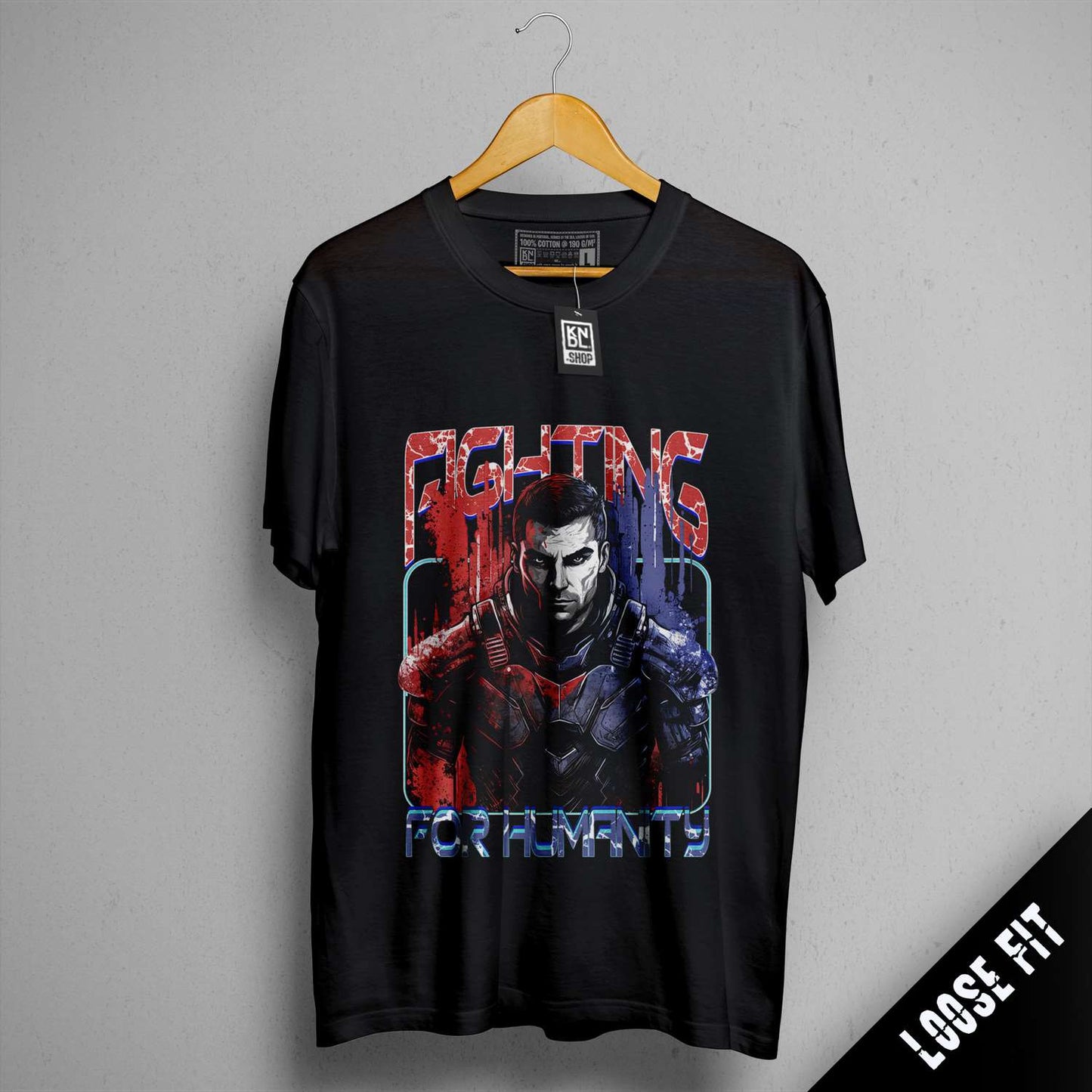 a black t - shirt with a picture of a man holding a gun