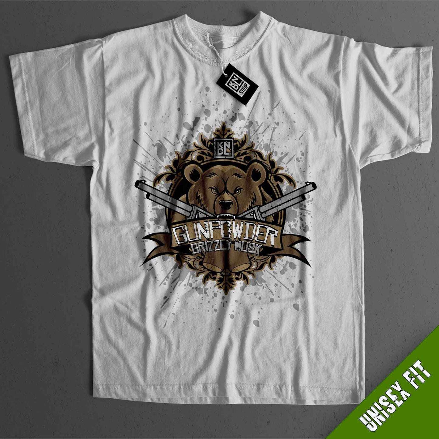 a white t - shirt with a picture of a lion and two swords