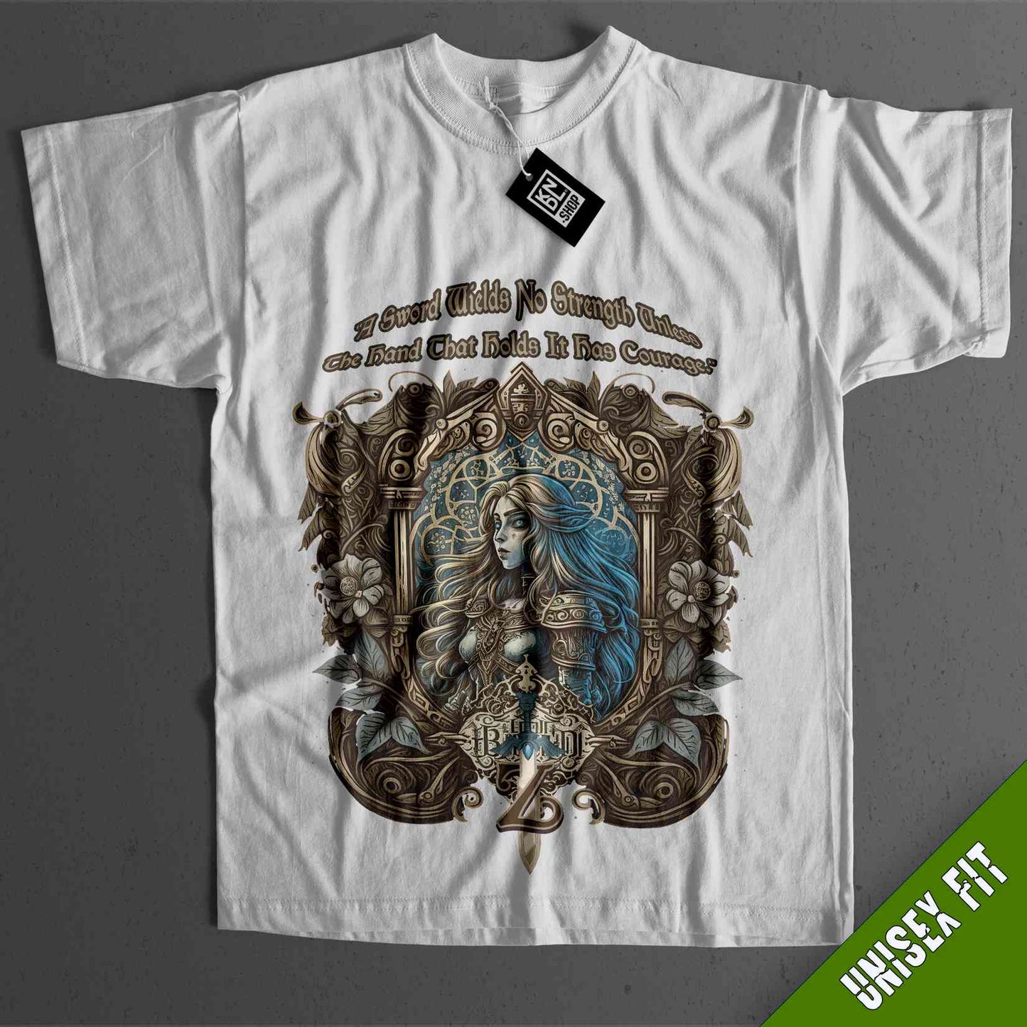 a white t - shirt with an image of a woman on it