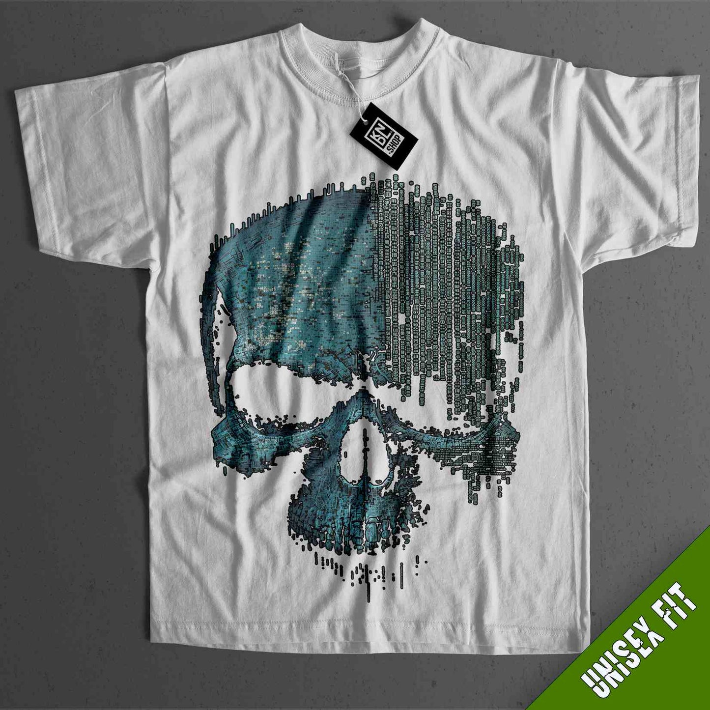 a white t - shirt with a blue skull on it