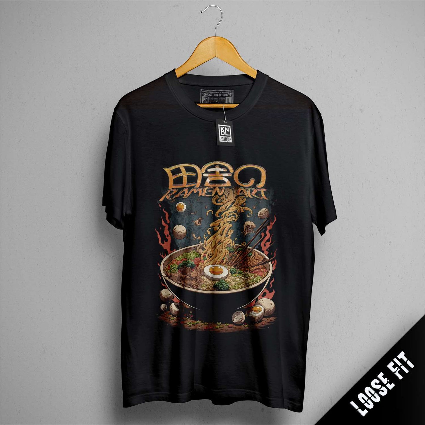 a black shirt with a picture of a bowl of noodles