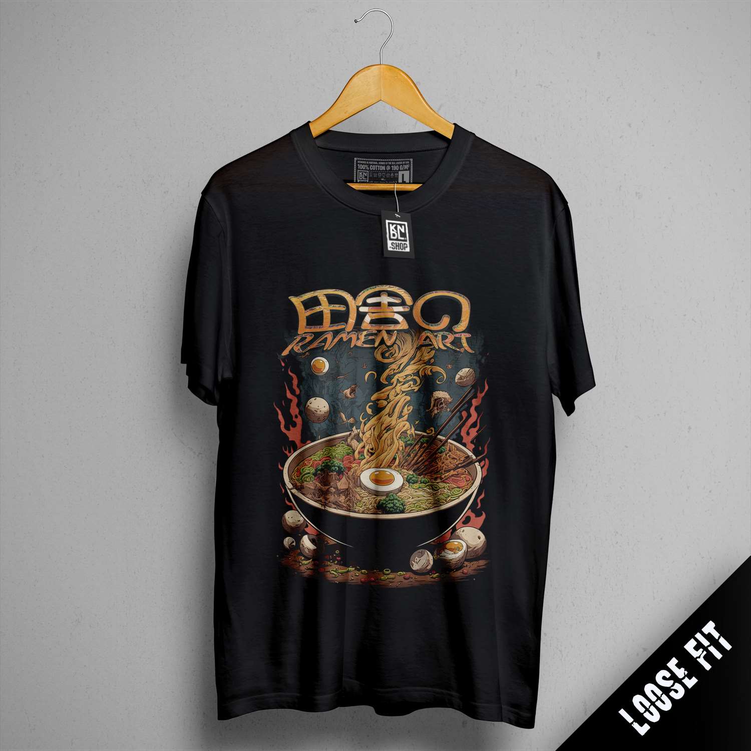 a black shirt with a picture of a bowl of noodles