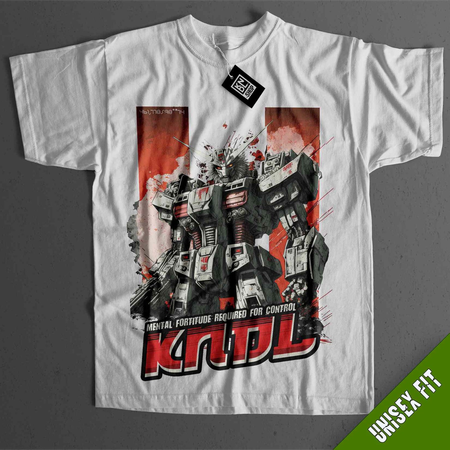 a white t - shirt with a picture of a robot on it