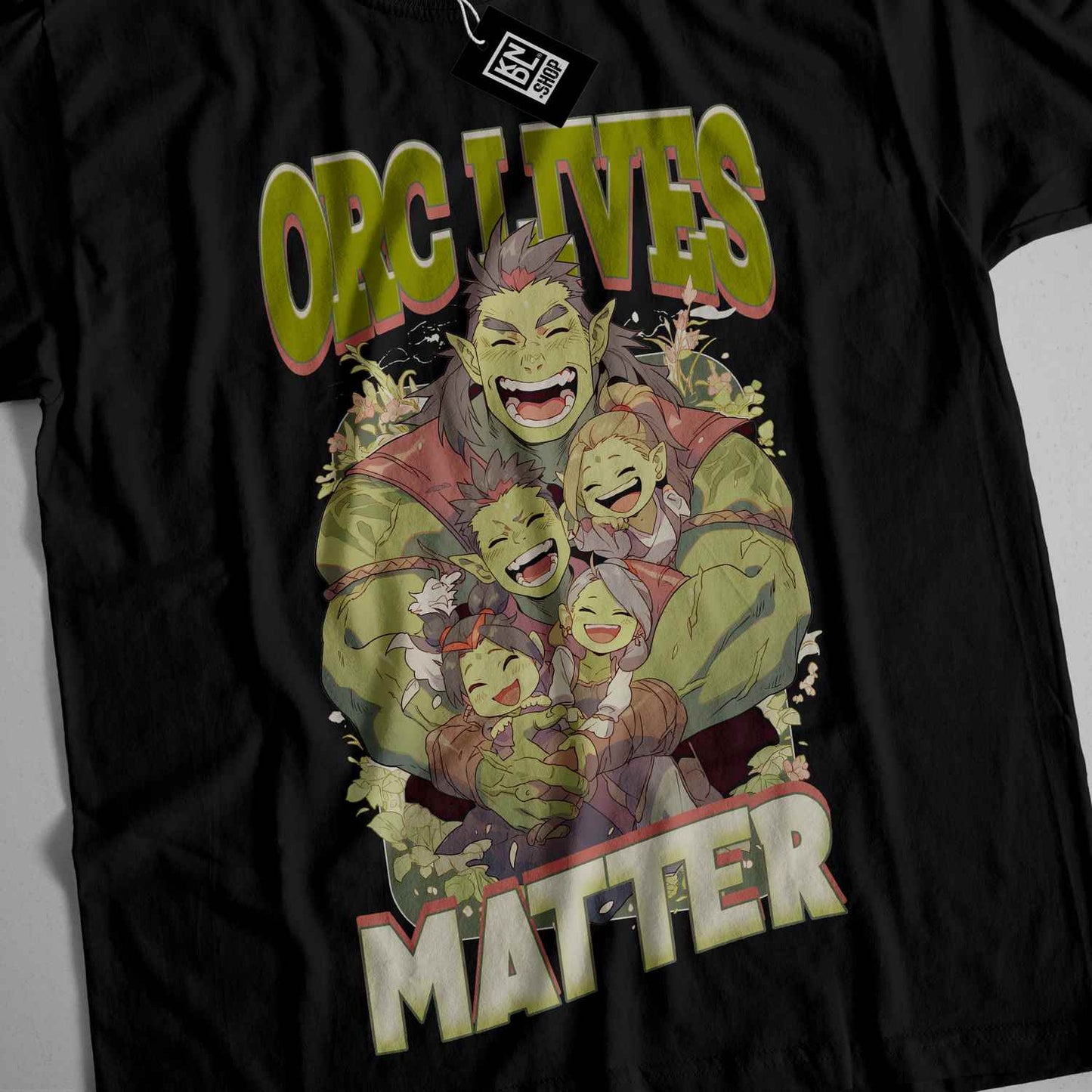a black t - shirt with an image of a group of cartoon characters on it