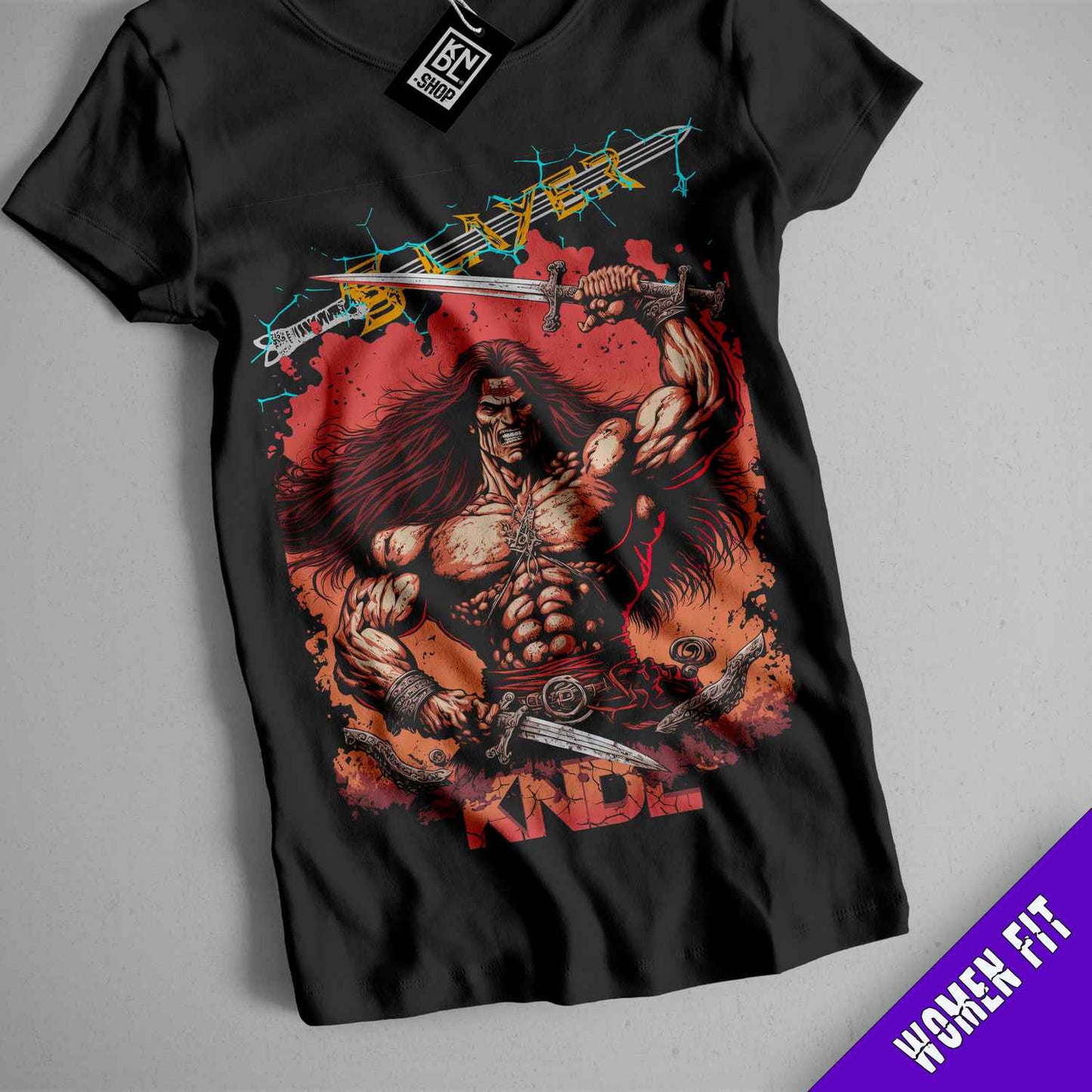 a black shirt with a picture of a man holding a sword