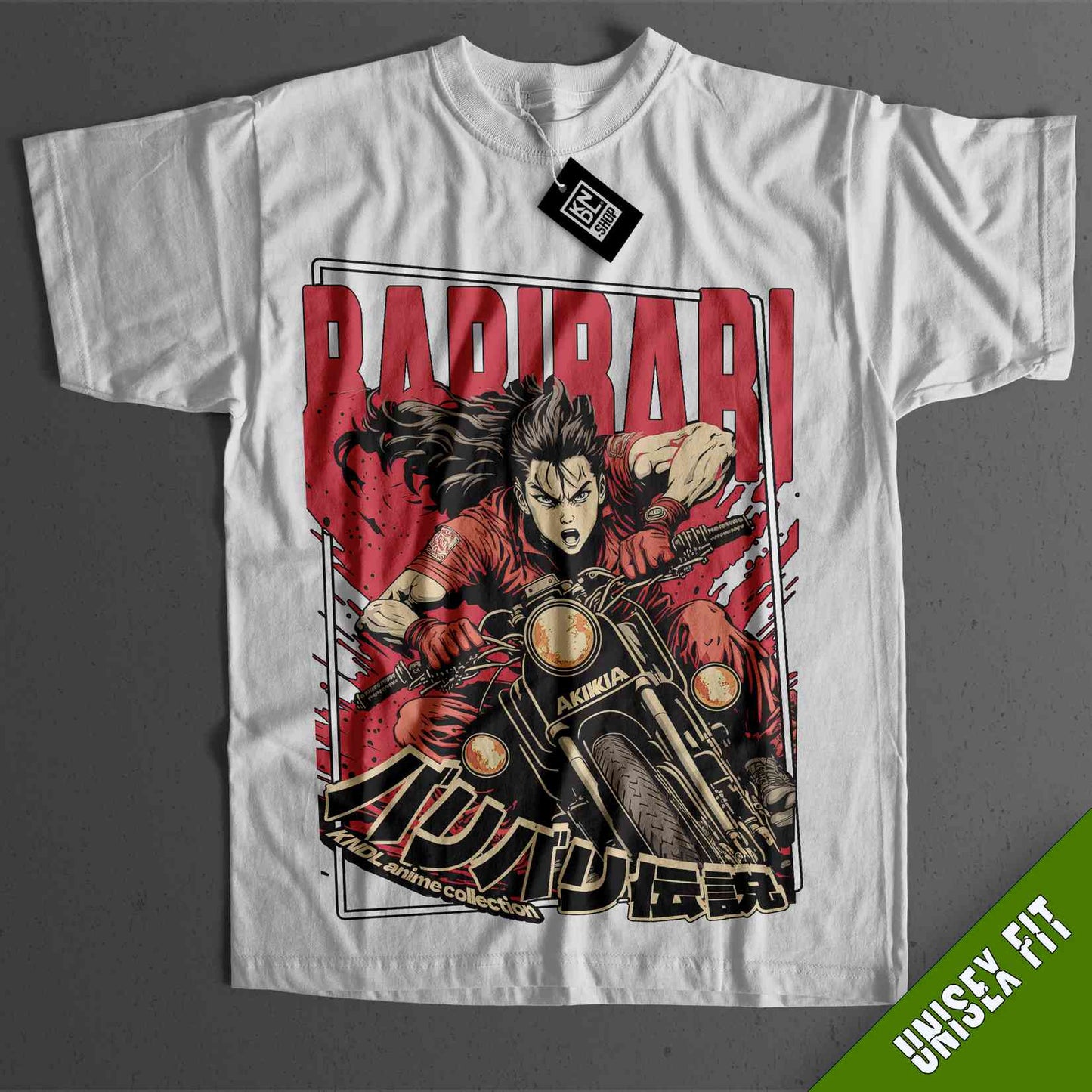 a white shirt with an image of a man riding a motorcycle