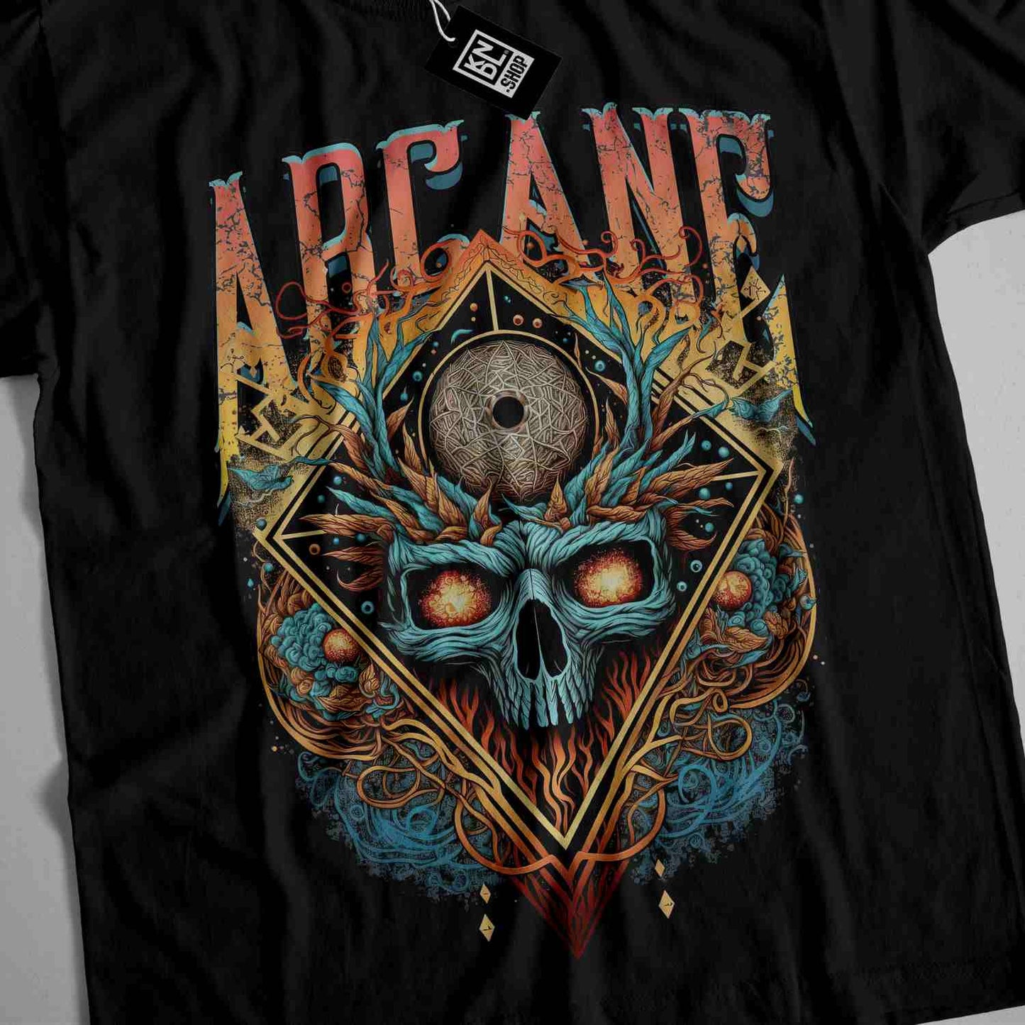 a black t - shirt with a skull on it
