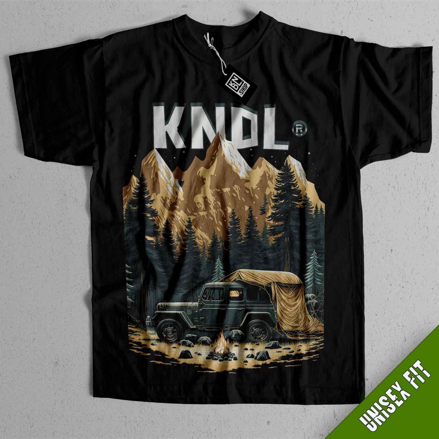a black t - shirt with an image of a jeep in the mountains