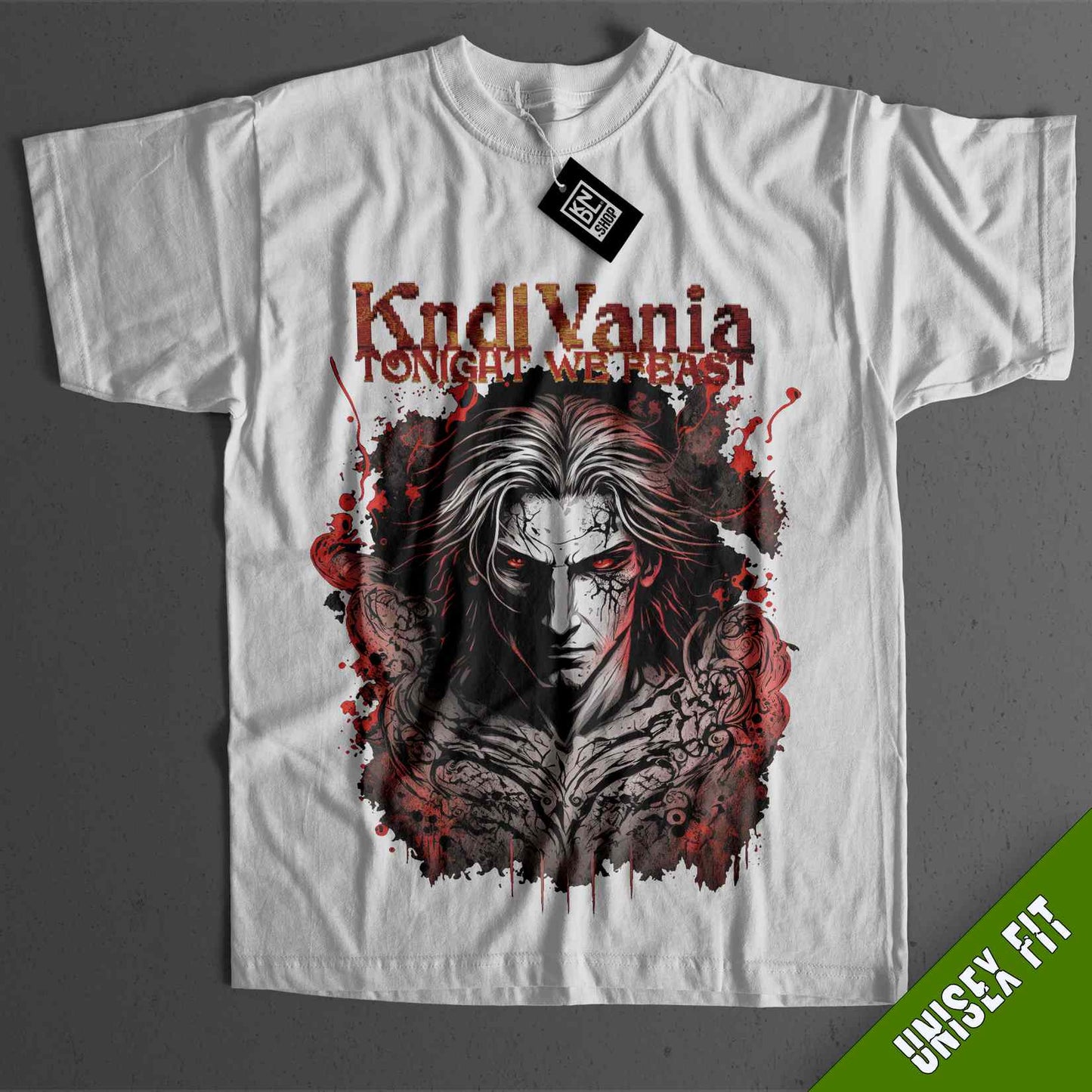 a white t - shirt with a picture of a demon on it