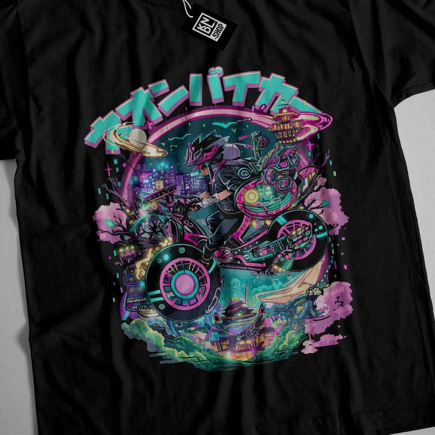 a black t - shirt with an image of a cat riding a motorcycle