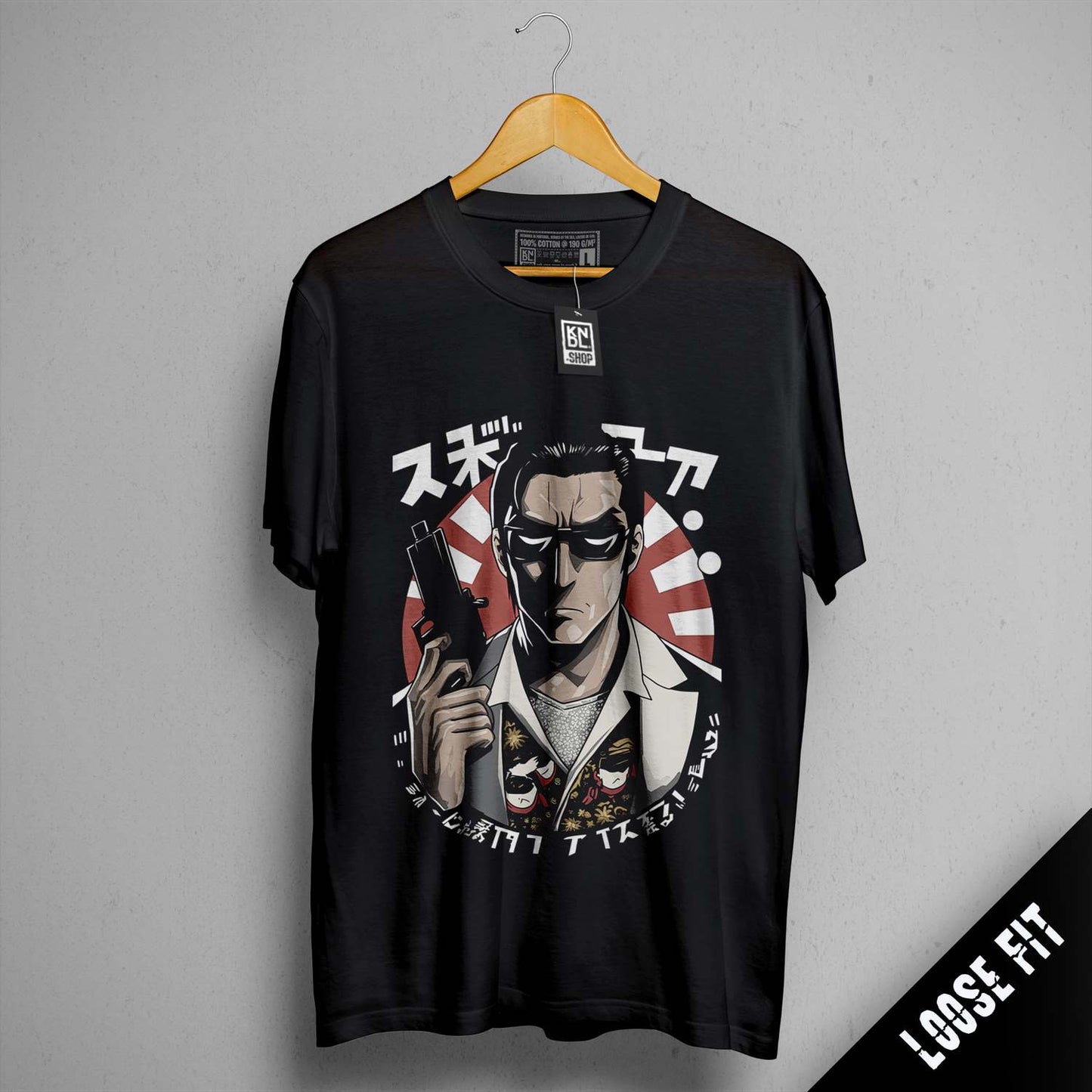 a black shirt with a picture of a man holding a gun