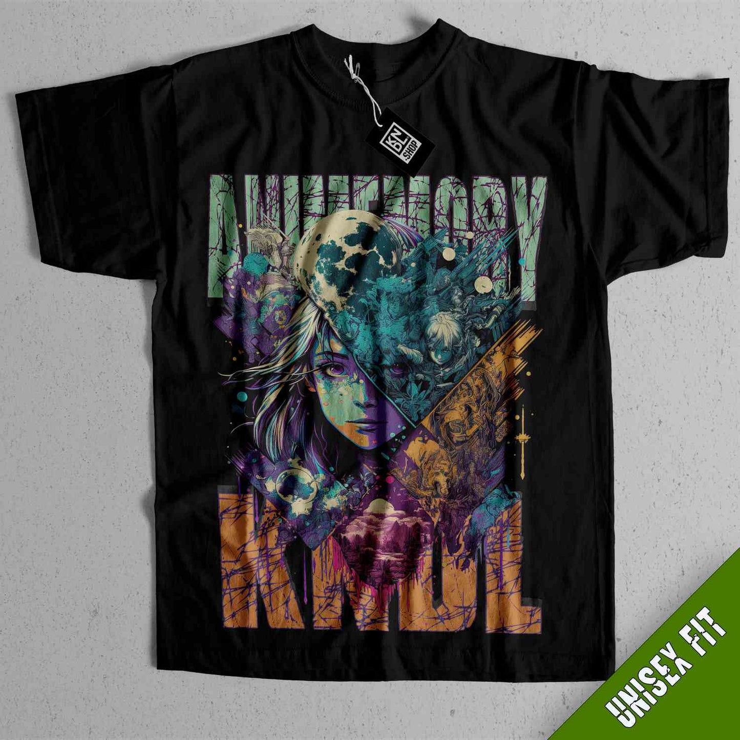 a black shirt with an image of a woman on it