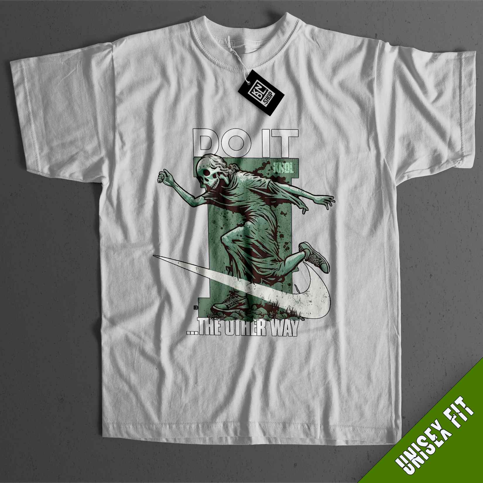 a white t - shirt with a picture of a skeleton on it