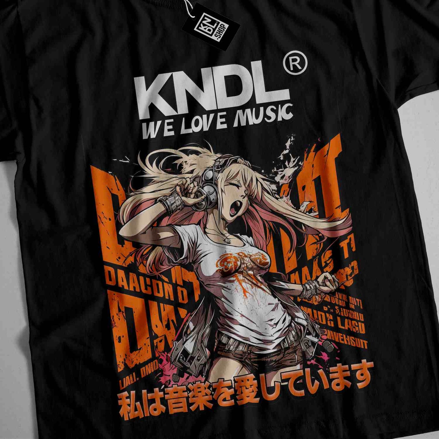 a black t - shirt with an image of a girl holding a gun
